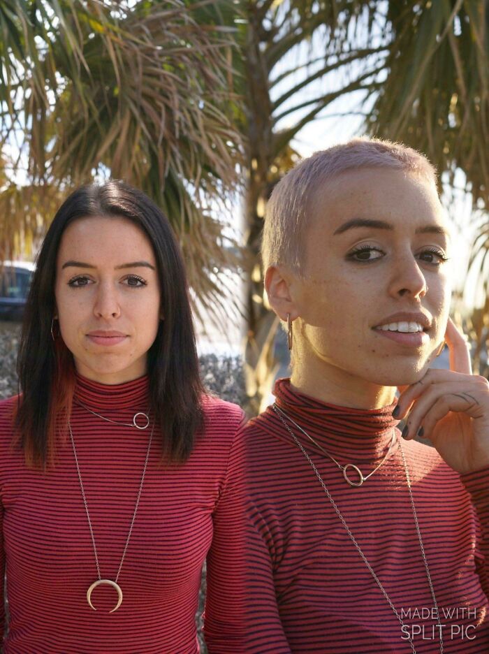 Person with long dark hair transforms to short buzz cut, wearing a striped shirt, symbolizing daring haircut change.