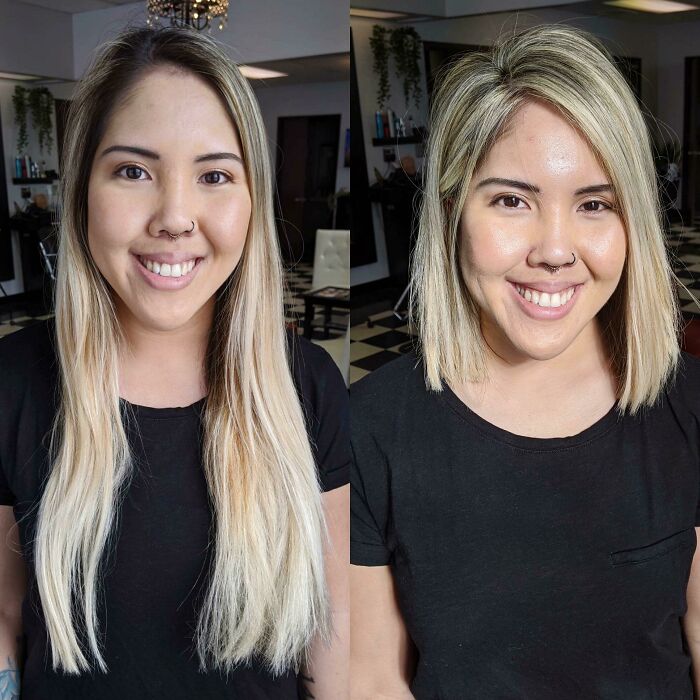 Before and after photos showing a person's complete haircut transformation in a salon setting.