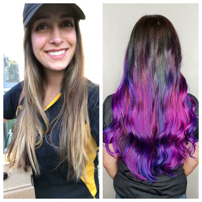 Woman's hair transformation with a vibrant, colorful hairstyle, showcasing a daring haircut change.