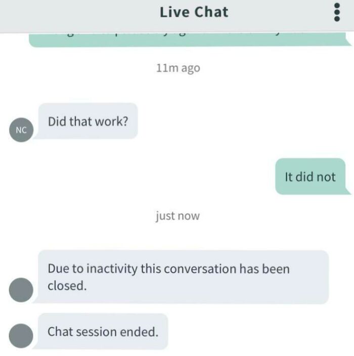 "Frustrating chat support replies with inactive session closure after unresolved issue."