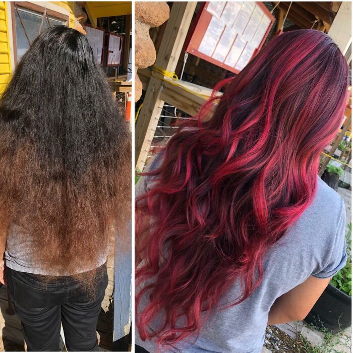 Dramatic haircut transformation from long black hair to vibrant red curls.