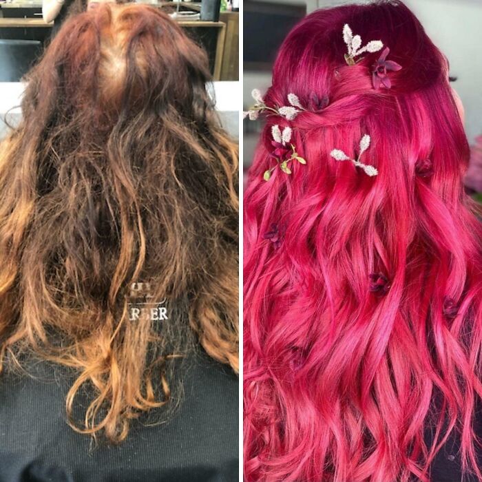 Before and after images of a daring haircut change to vibrant pink with floral accents.