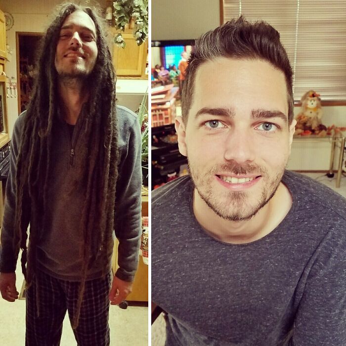 Man before and after daring haircut change; long dreads to short styled hair, smiling.