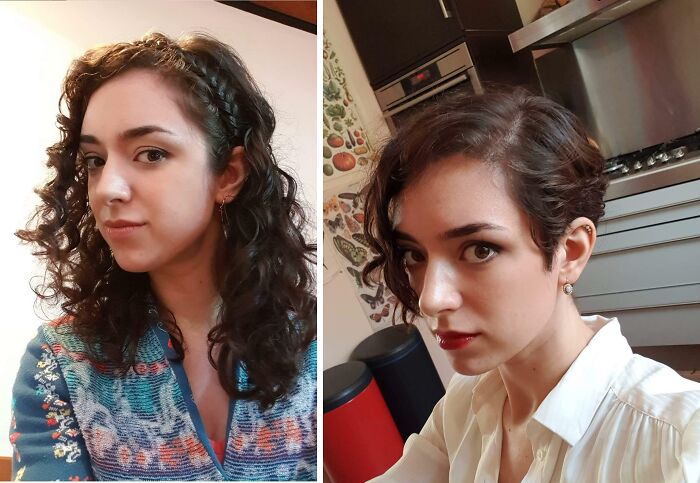 Person showing a complete haircut change; before with long curly hair, after with short, stylish hair.