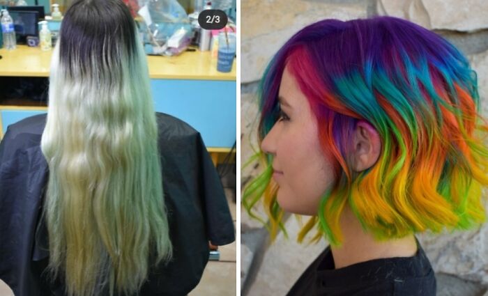 Haircut transformation from long, faded ombre to vibrant, rainbow bob hairstyle.