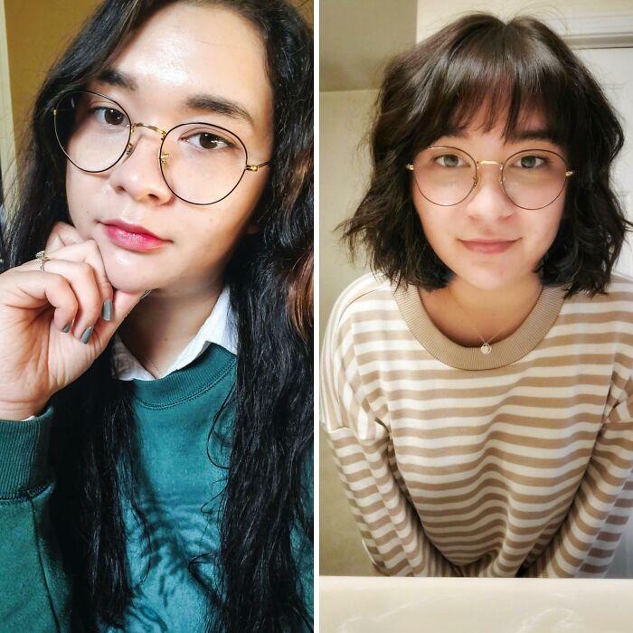 Before and after haircut transformation; woman with glasses changes from long to short hairstyle.