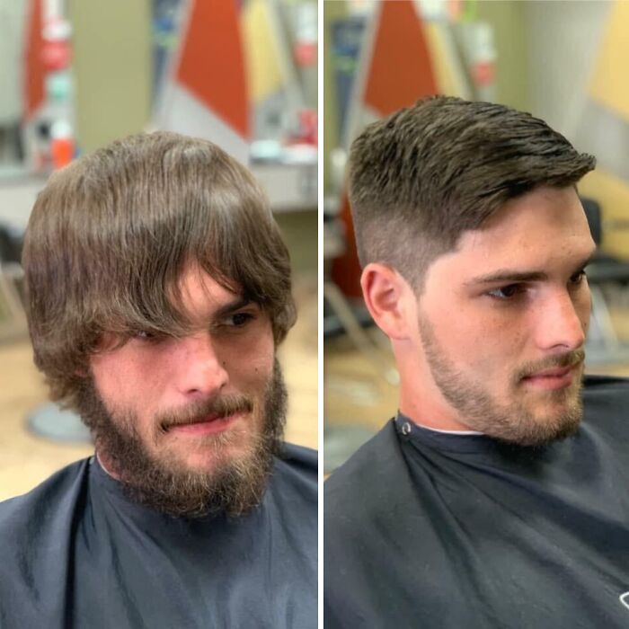 Man with a complete haircut change, before and after transformation.