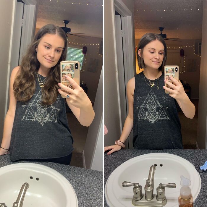 Woman shows off a dramatic haircut change from long hair to a short bob style in a bathroom mirror selfie.