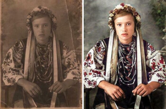 A rare historical photo of a young girl in traditional attire, with a restored color version alongside the original black and white.