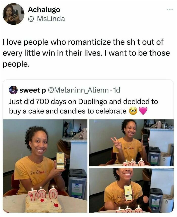 Woman celebrating 700 days on Duolingo with cake, showcasing humor tailored for women.