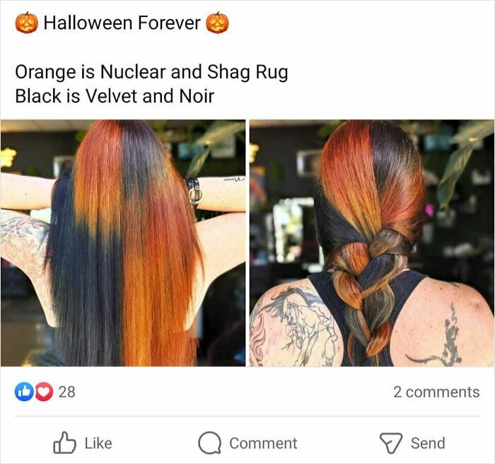 Halloween-themed hair fail with orange and black colors styled in long straight and braided look.