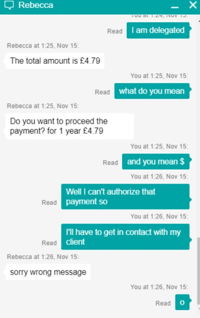 Chat support exchange showing infuriating replies about payment authorization confusion.