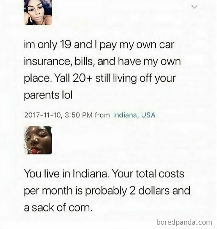 Text exchange with witty comeback about living expenses in Indiana, showcasing clever word play.