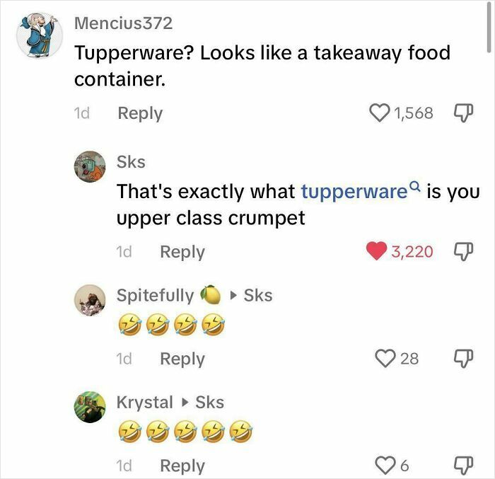 Social media comments where people humorously weaponized words about Tupperware.