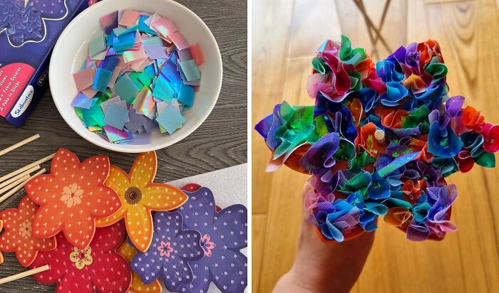 Colorful DIY Valentine's Day gifts for kids featuring paper flowers and vibrant craft supplies on a wooden table.