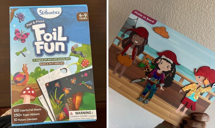 Art and craft activity set for kids, including a pirate-themed peel and press foil fun project with colorful stickers.