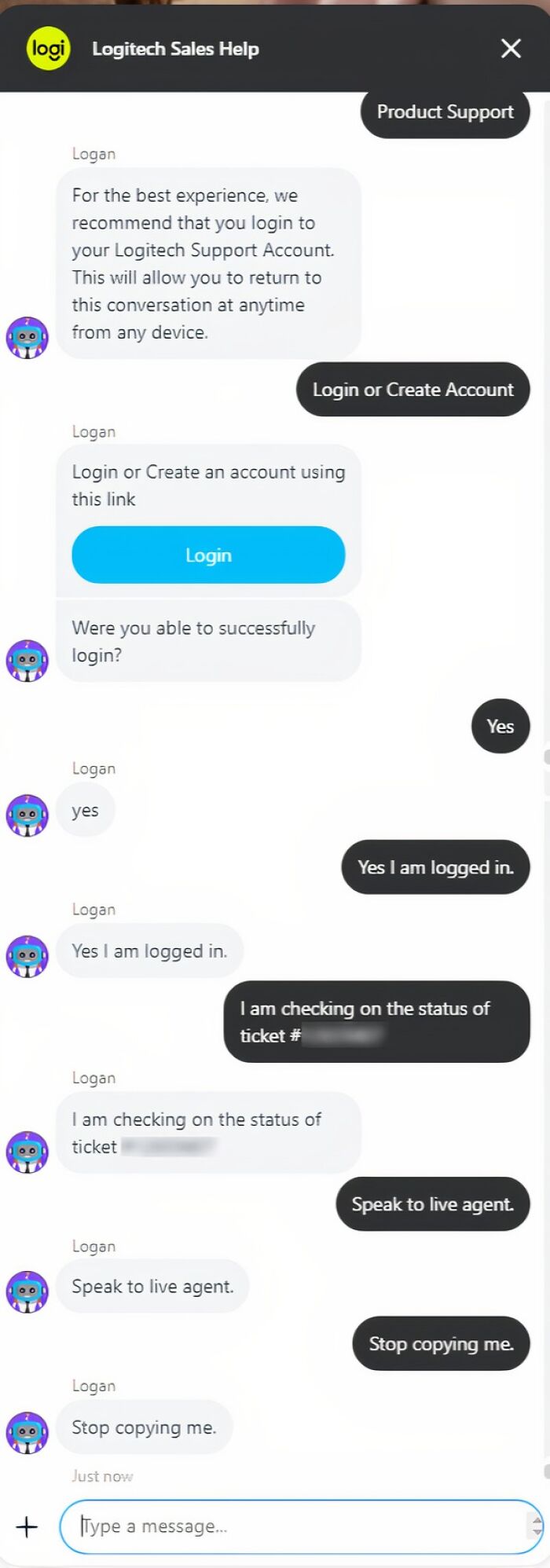 Chat support conversation with repetitive and infuriating replies prompting user actions like logging in and copying text.