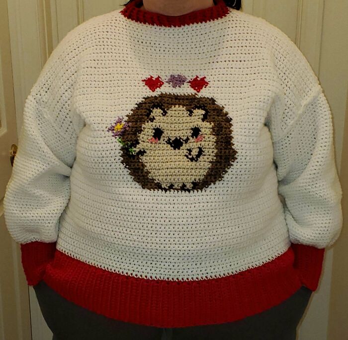 Crocheted sweater with a cute hedgehog holding flowers, perfect Valentine’s Day inspiration for gifts.