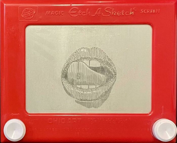 Etch A Sketch art of lips, Valentine's Day inspiration for occasion's gifts.