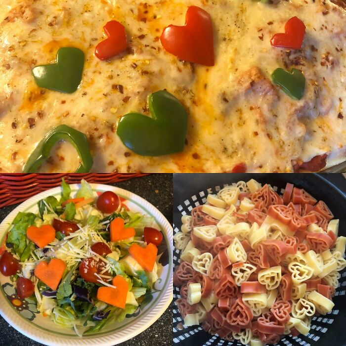 Heart-themed Valentine’s Day foods: pizza with heart-shaped peppers, salad with heart carrots, and heart pasta.