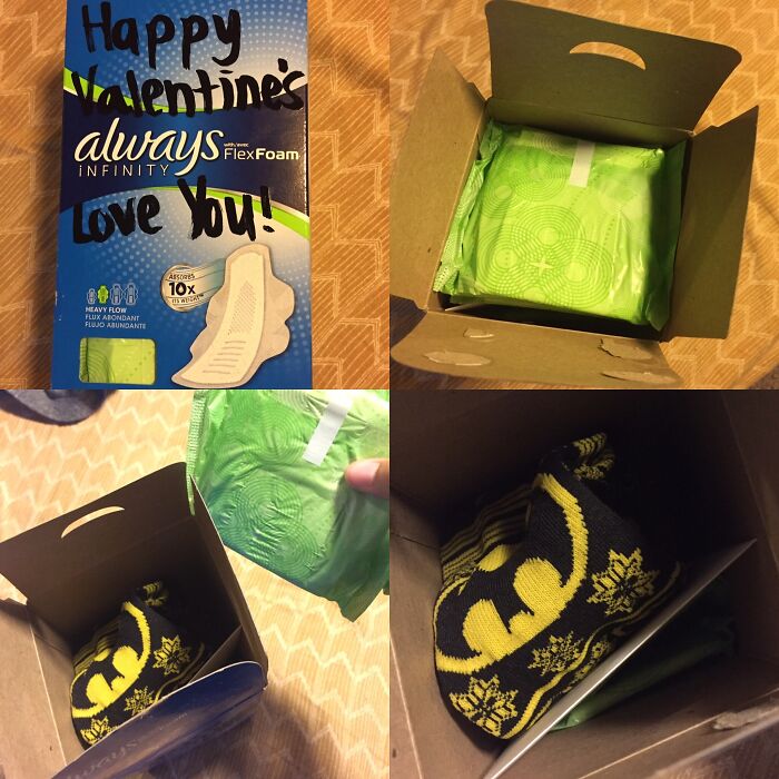 Valentine's Day gift box with hidden Batman socks and pads, creatively styled.