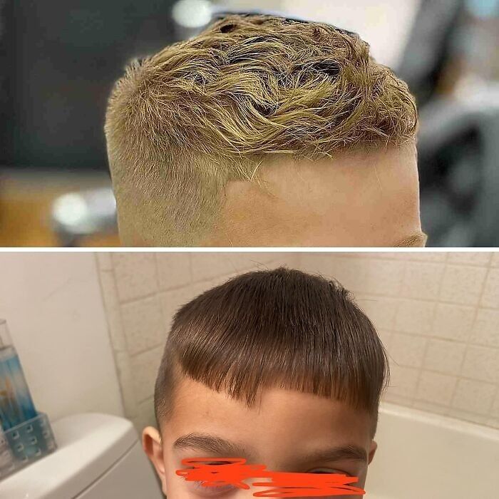 Two examples of hair fails: top image shows uneven color, bottom image features a crooked fringe cut.