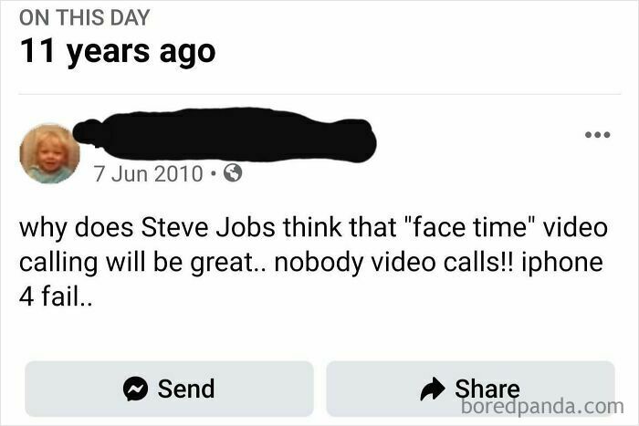 Social media post predicting FaceTime's failure, highlighting future predictions aged badly.