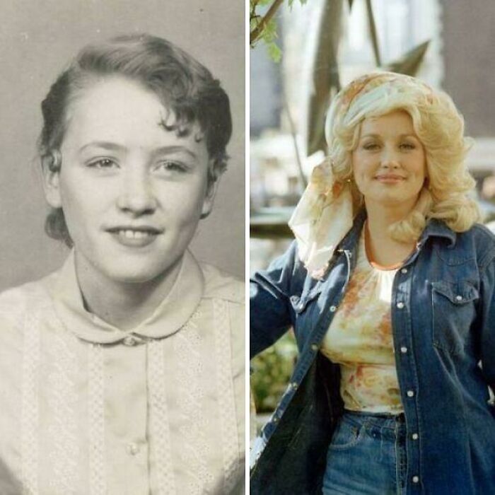 Two side-by-side photos of a woman at different ages, showcasing an interesting transformation.