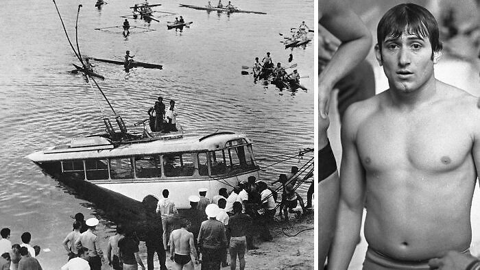 People observe a bus partially submerged in water; on the right, a man stands shirtless. Interesting facts scene.