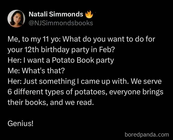 Funny food meme about a child wanting a potato-themed book party for her birthday celebration.