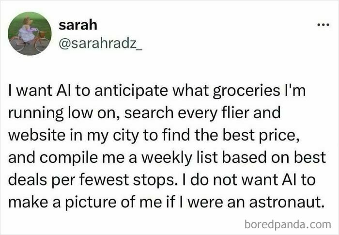 Funny food meme about AI handling grocery tasks instead of creative tasks like making astronaut pictures.