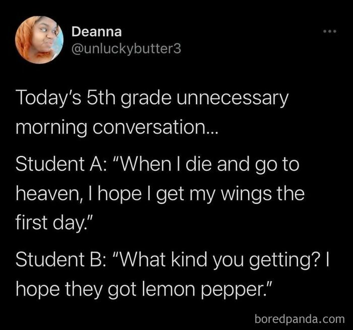 Funny food meme featuring a humorous conversation about wings and lemon pepper among fifth graders.