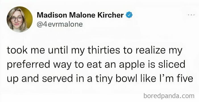 Funny food meme about preferring apples sliced in a bowl, showing humor in simple pleasures.