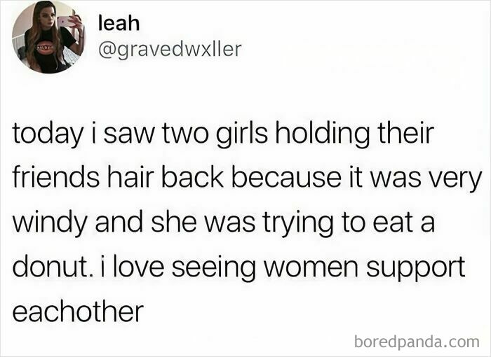 Funny food meme about women helping each other in windy weather so one can eat a donut.