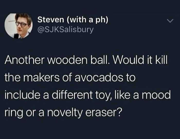 Funny food meme about avocados featuring a humorous tweet on including toys like mood rings instead of pits.