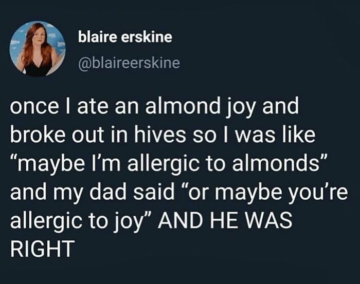 Funny food meme about being allergic to almonds and joy, featuring a humorous dad joke.