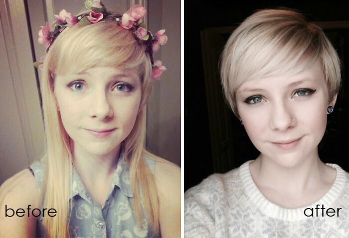 Before and after haircut transformation with flowers, showcasing a daring change to a short hairstyle.