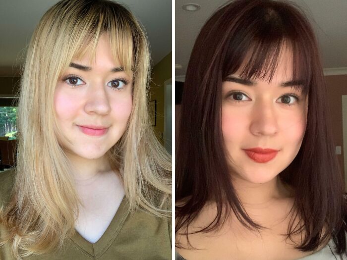 Person with new haircut transformation from light blonde to dark brown, showcasing a fresh hairstyle change.