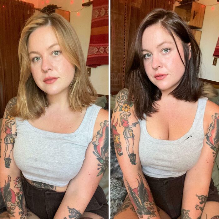 Woman with tattoos before and after daring haircut change, wearing gray tank top, in a warm setting.