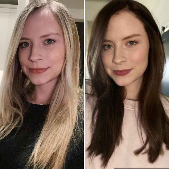 Person shows a complete change in haircut from blonde to brunette, looking pleased with the transformation.