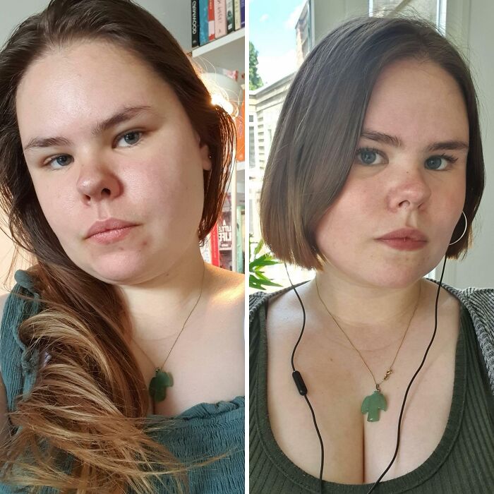 Before and after photos of a woman who changed her haircut from long to a bob style.