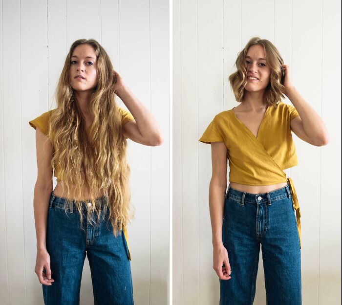 Person showcasing dramatic haircut transformation, long to short, in a yellow top and jeans.