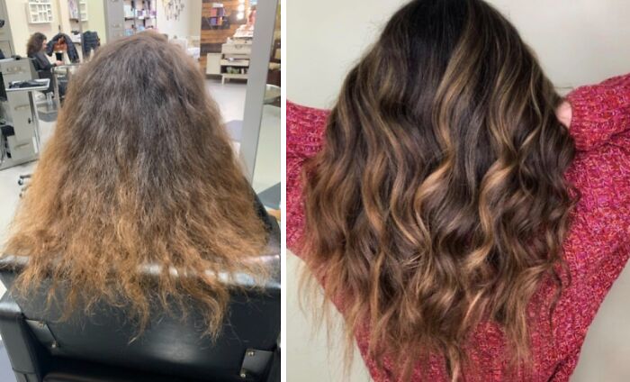 Dramatic haircut transformation from frizzy to smooth waves, highlighting the impact of a complete hairstyle change.