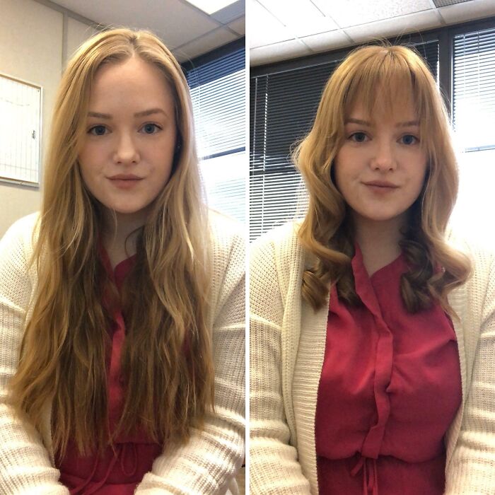 Person with long hair before and styled short haircut after, seated in an office setting.