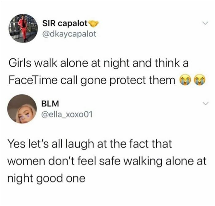 Two tweets about women's safety at night, highlighting challenges in dating today.