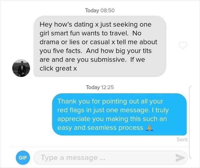 Tinder conversation highlighting difficulties of dating in your 30s with humorous response to inappropriate message.