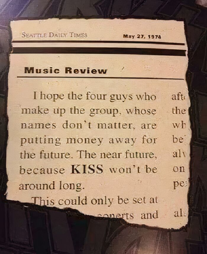 Aged prediction about KISS from a 1974 newspaper article, doubting the band's future longevity.