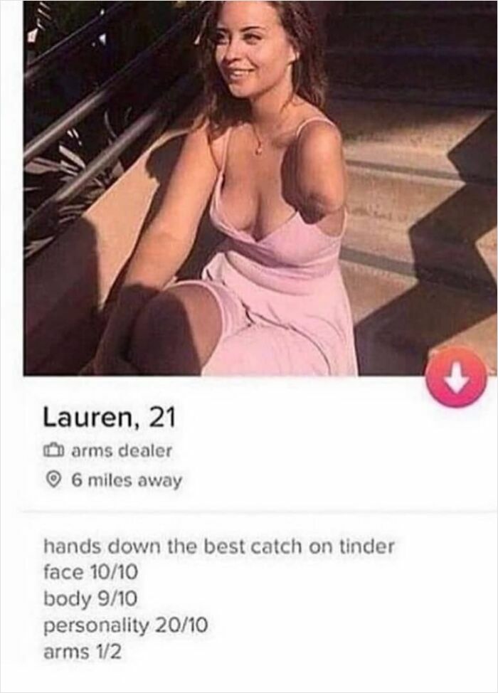 Woman on Tinder profile, smiling in pink dress, humorously rated on various attributes, capturing dating challenges in thirties.