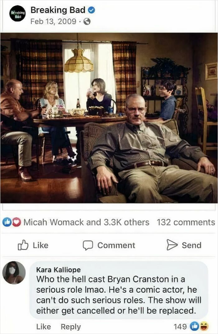 Actors from Breaking Bad sitting around a table, with a comment predicting the show’s failure; an example of predictions aged bad.