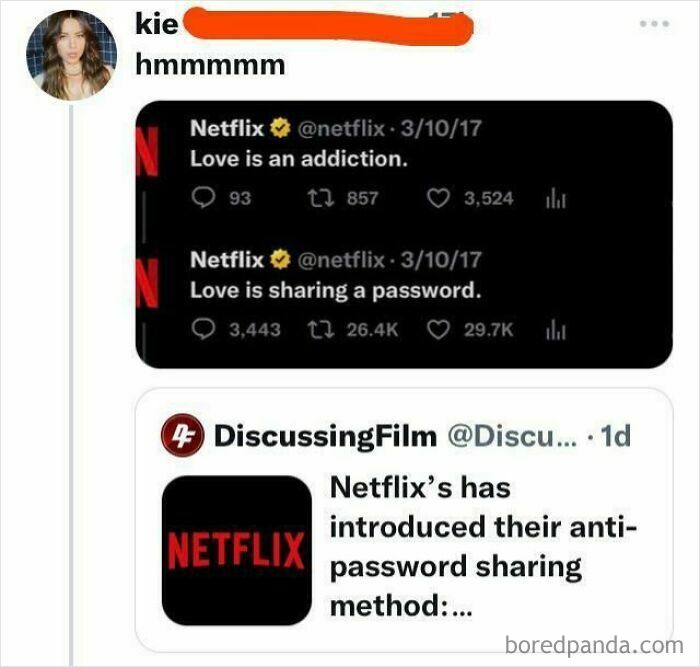 Future predictions aged bad with old Netflix tweet on password sharing contrasted with new policy.